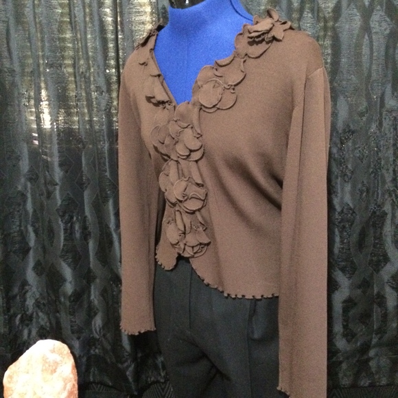 Long sleeve brown sheer dressy ruffled shirt blouse - Get this shirt free - Picture 2 of 8